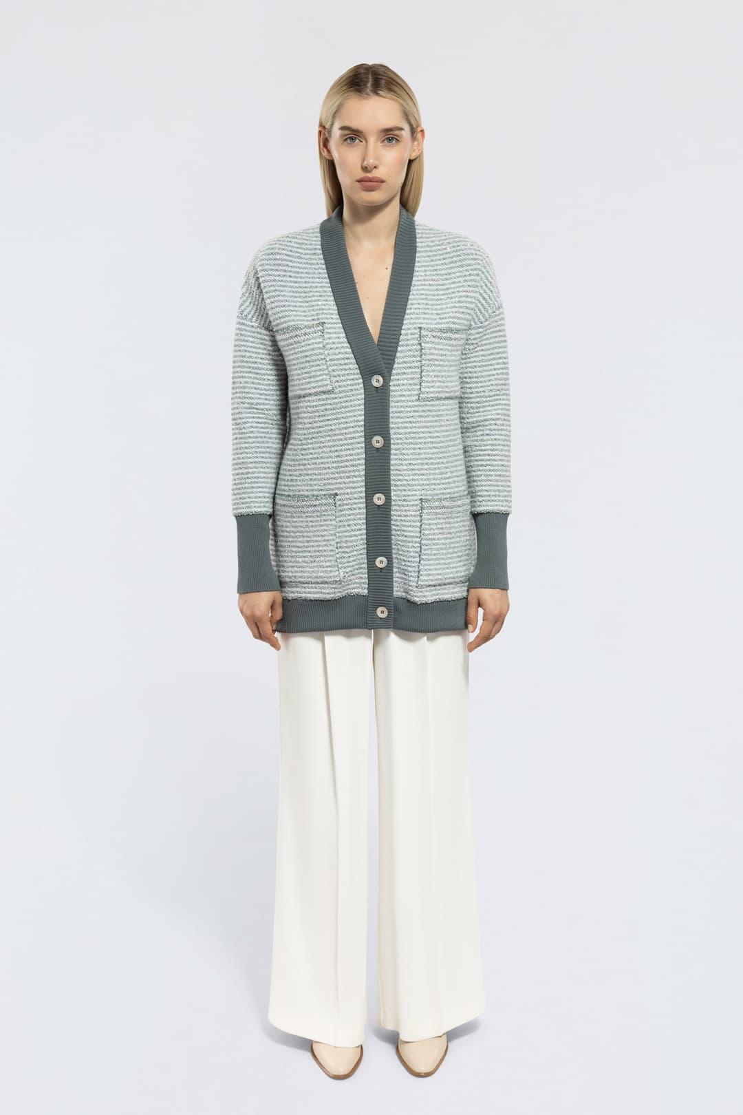 Striped bouclé knit cardigan