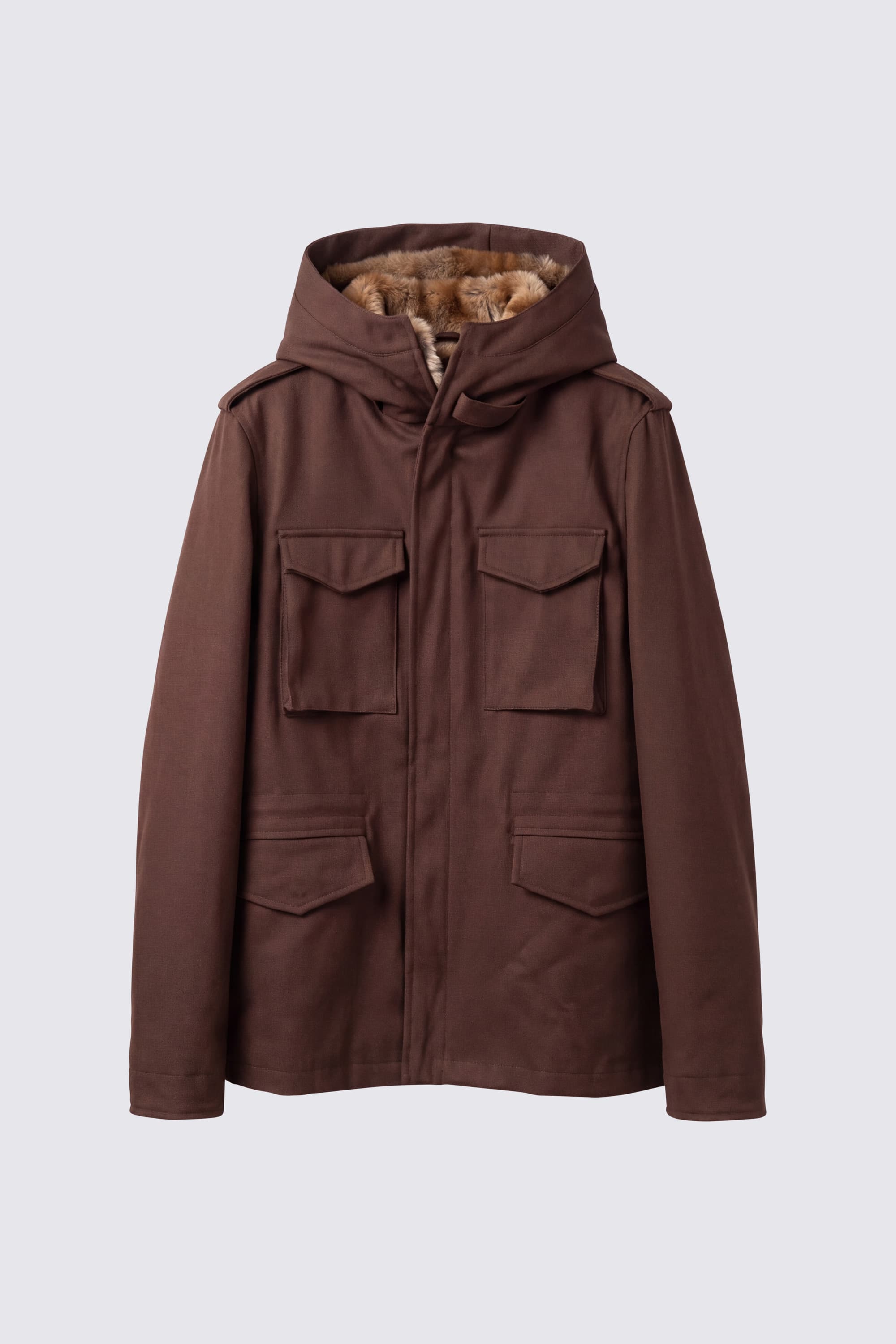 Twill Coat with Fur-Lined Hood