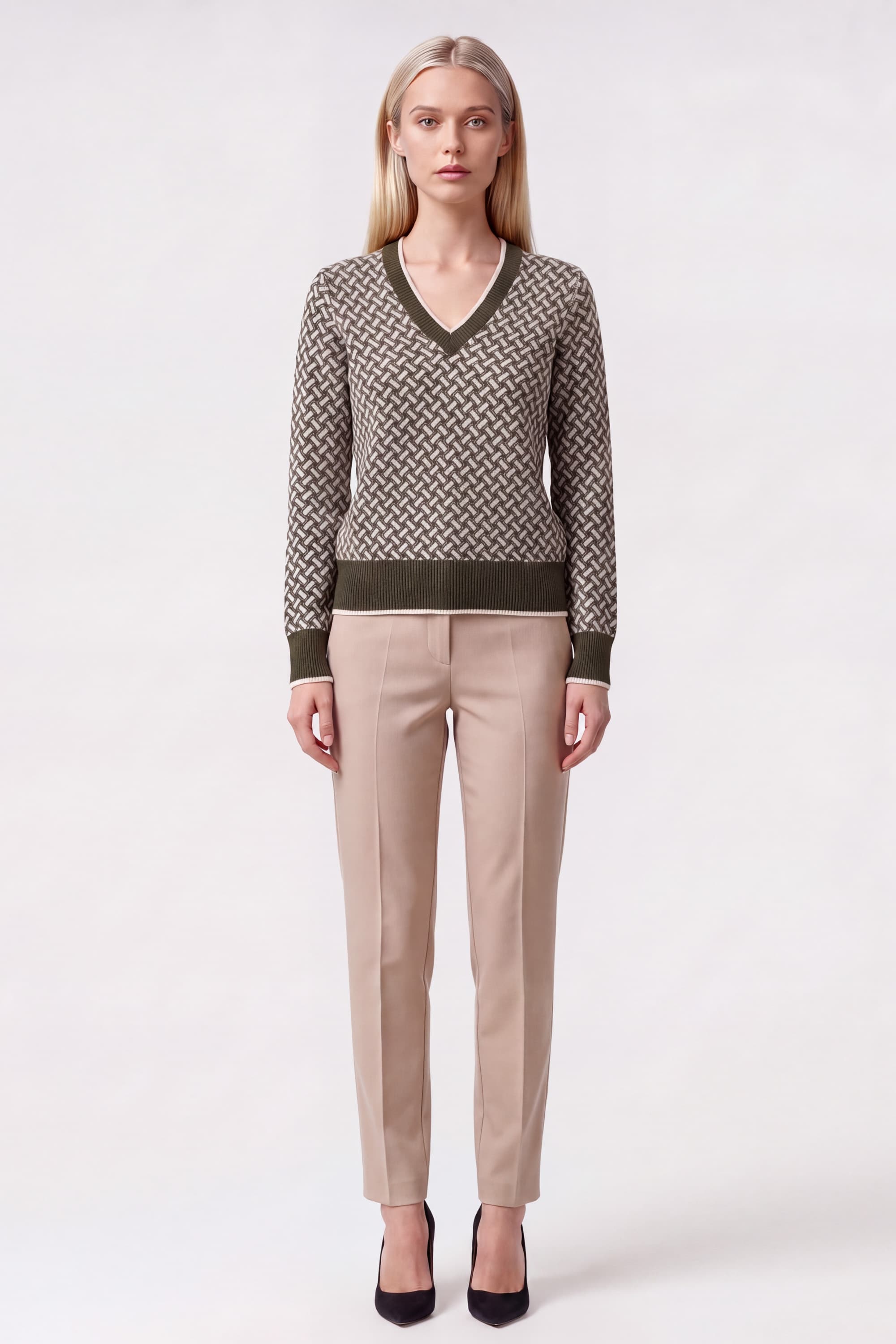 Women's V-Neck Cashmere Sweater with Geometric Jacquard Pattern - Image 2