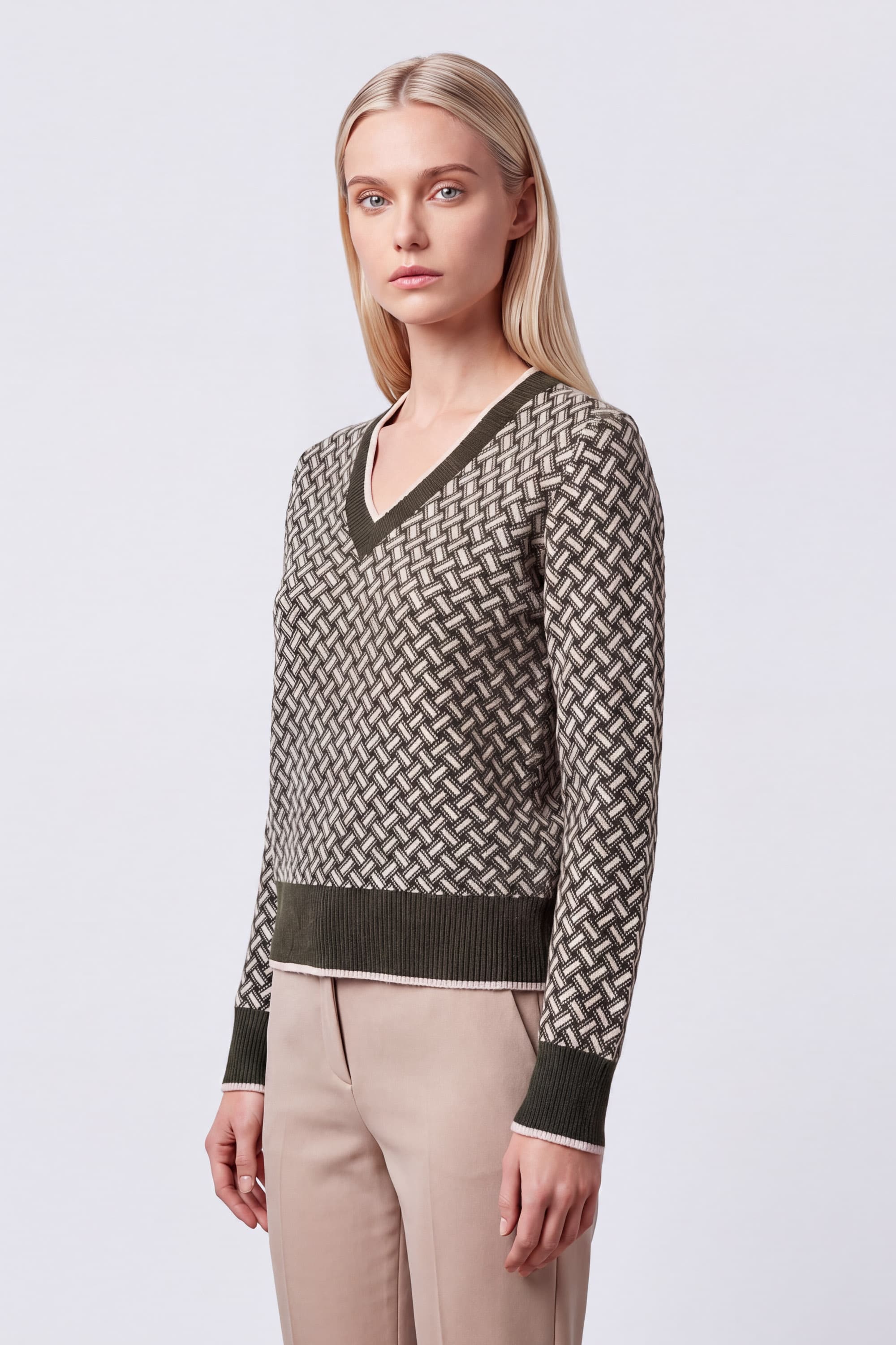 Women's V-Neck Cashmere Sweater with Geometric Jacquard Pattern - Image 3