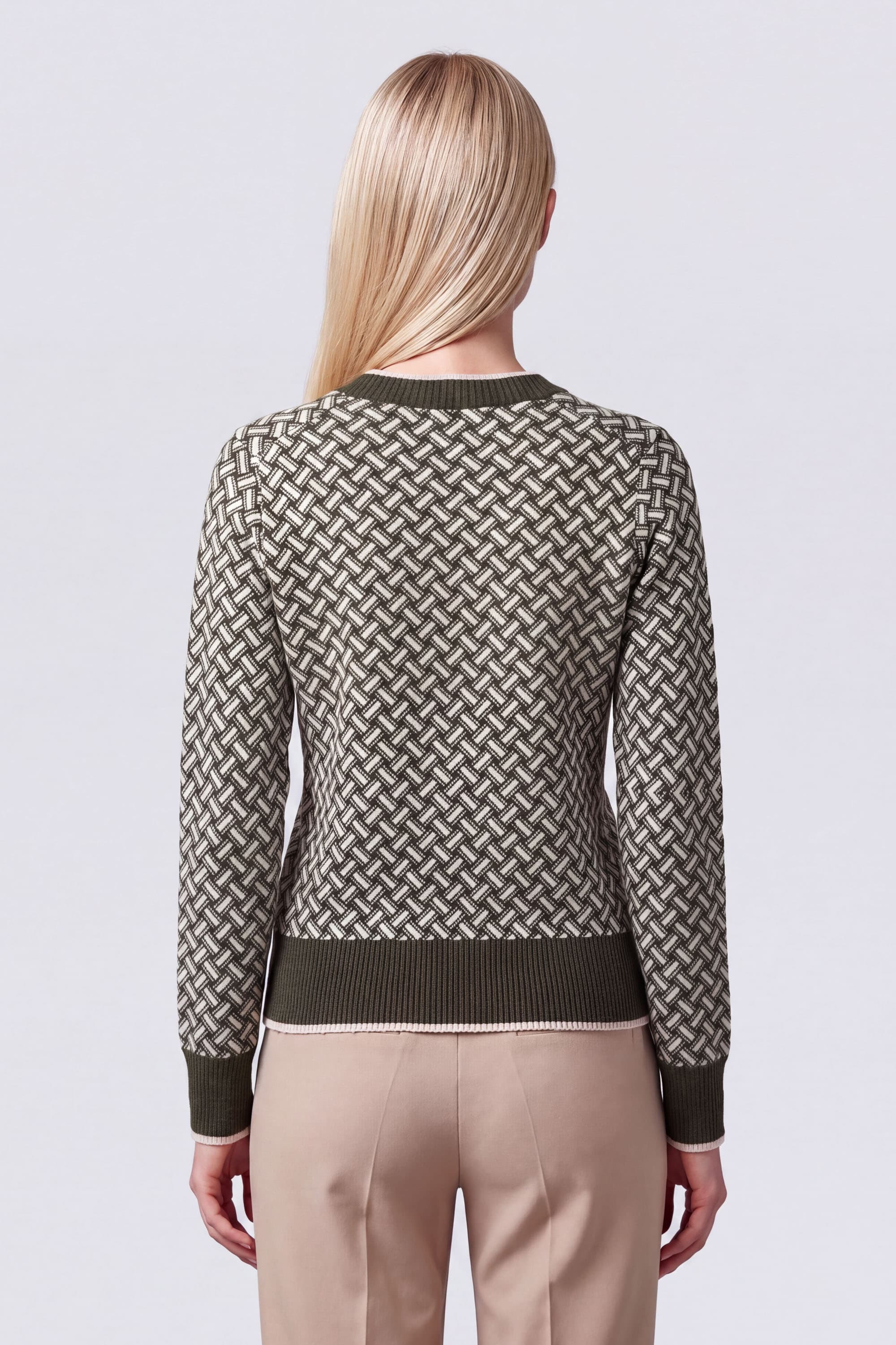 Women's V-Neck Cashmere Sweater with Geometric Jacquard Pattern - Image 5