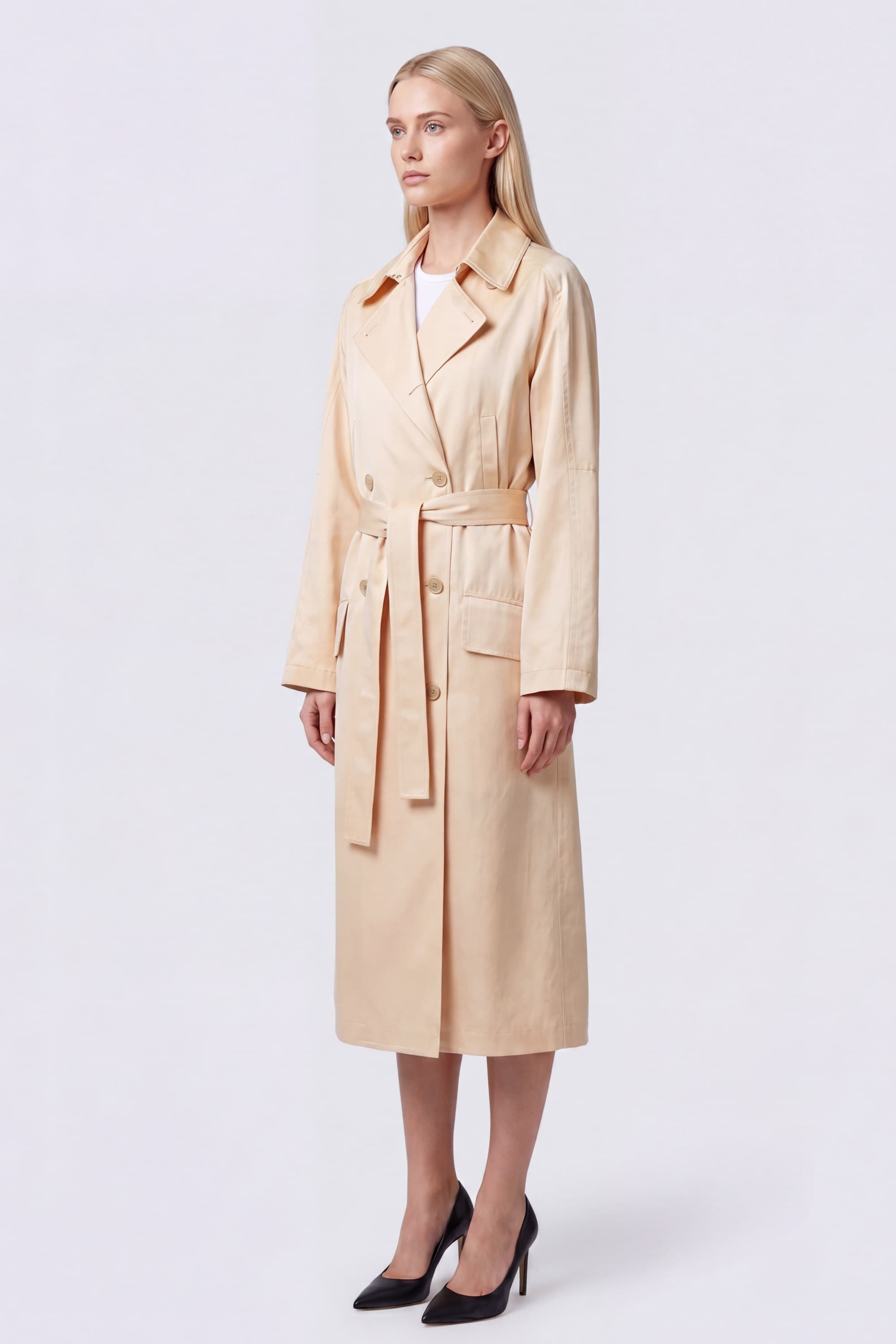 Double-Breasted Satin Midi Trench Coat - Image 3