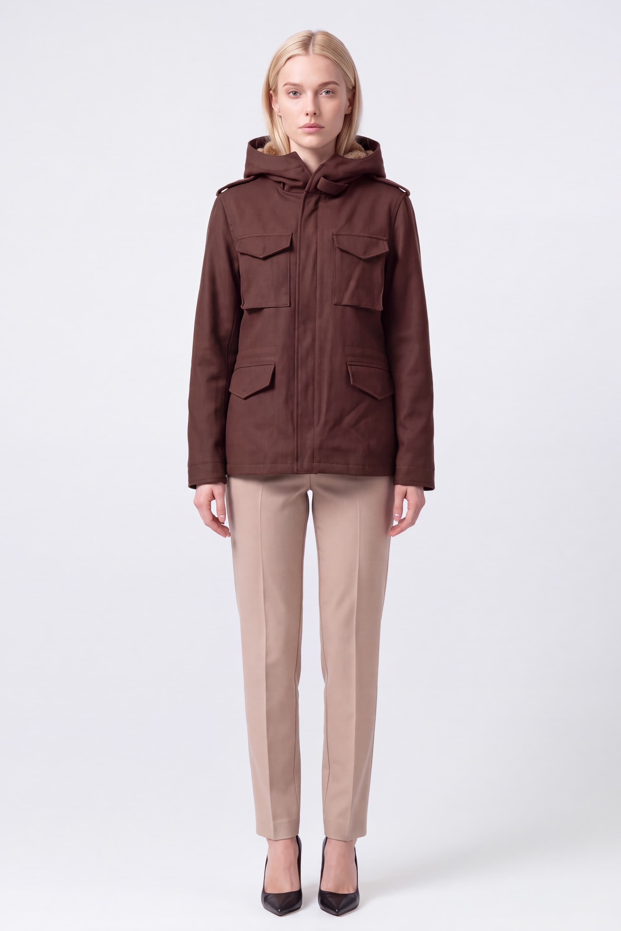 Twill Coat with Fur-Lined Hood - Image 2
