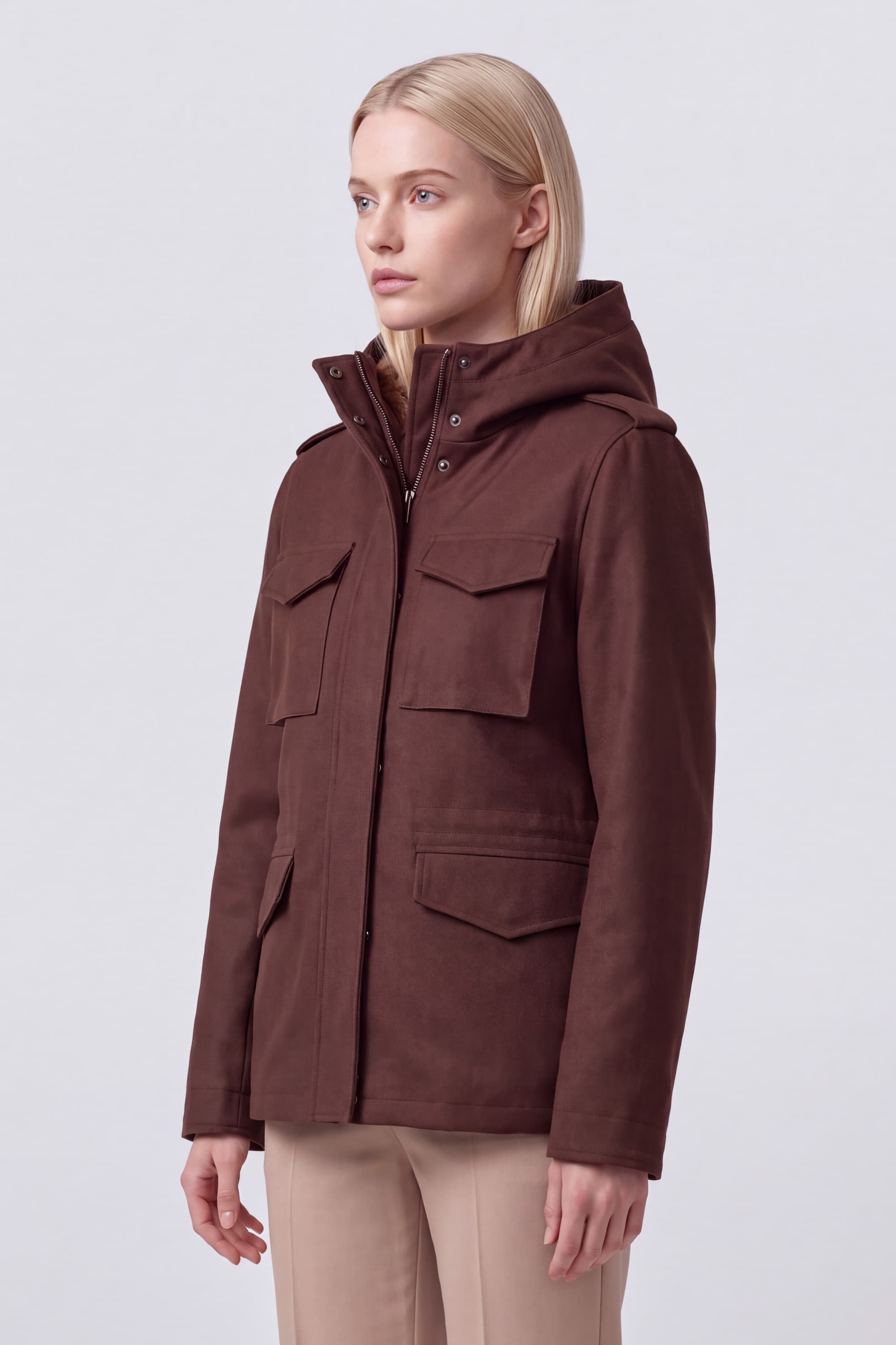 Twill Coat with Fur-Lined Hood - Image 3