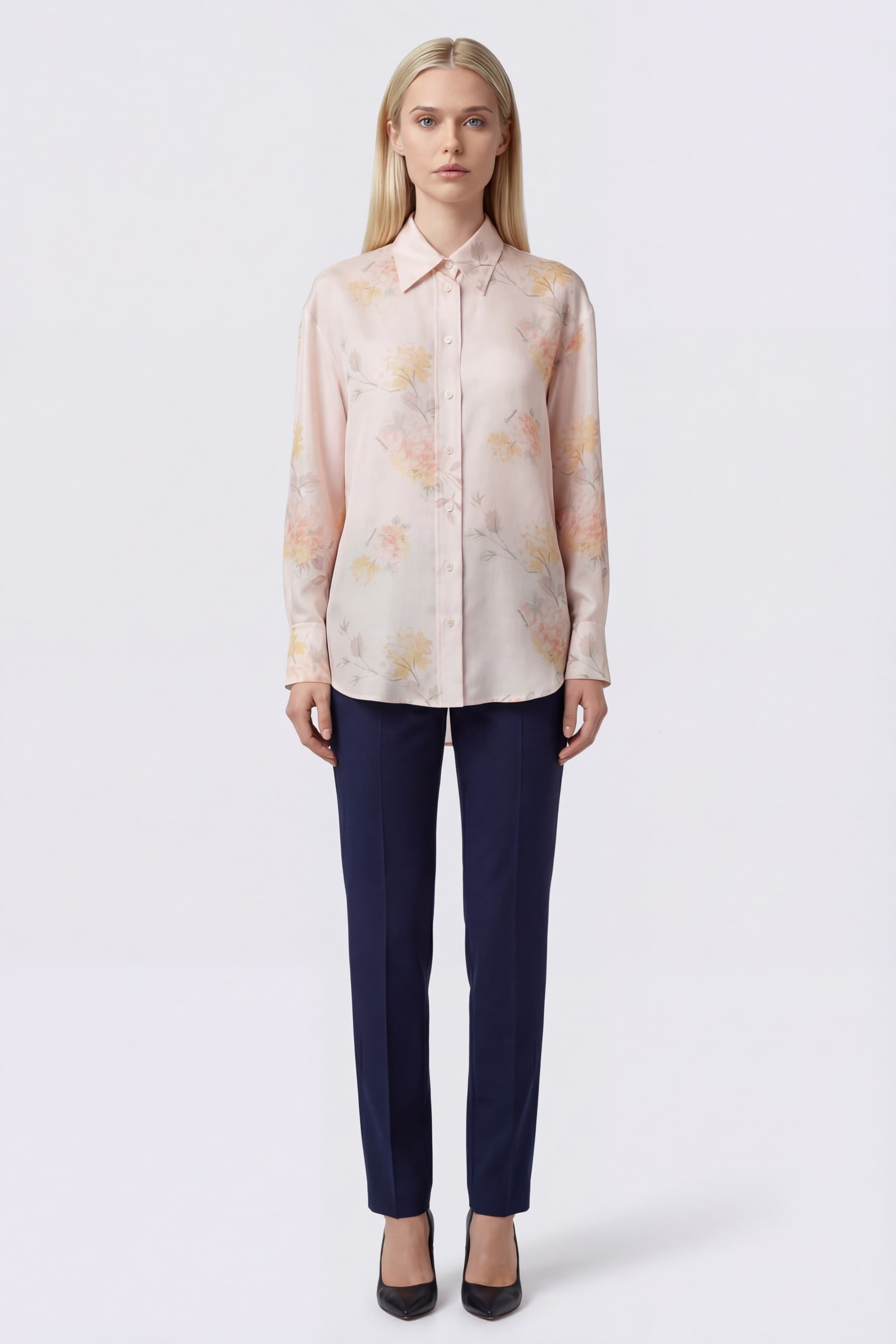 Silk Tunic Shirt with Watercolor Floral Print - Image 2